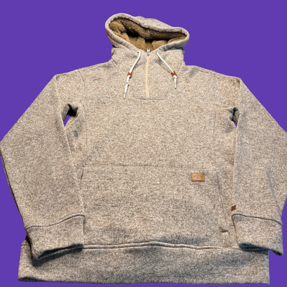 Billabong Mens Quarter Zip Hoodie Medium Beige Knit Pullover Fleece Lined Hood